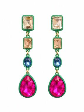 Zara Green-Edged Multicolor Drop Earrings with Pink Teardrops